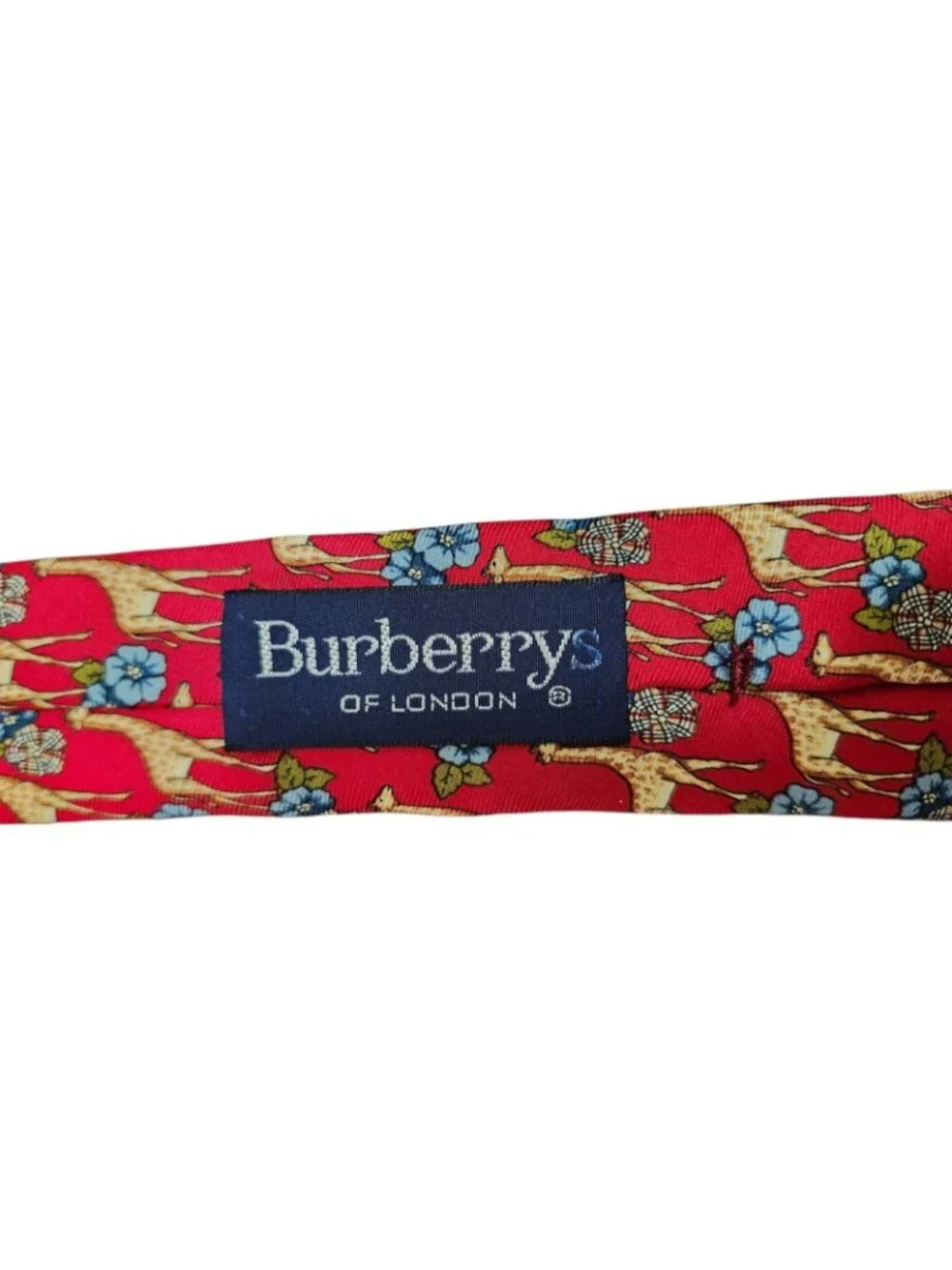 Vintage Burberrys of London 100% Silk Red Giraffe Floral Animal Print Tie